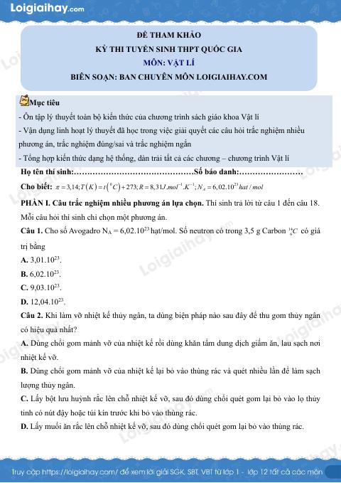 Đề tham khảo thi Vật lí THPT (Đề số 9) - có lời giải chi tiết